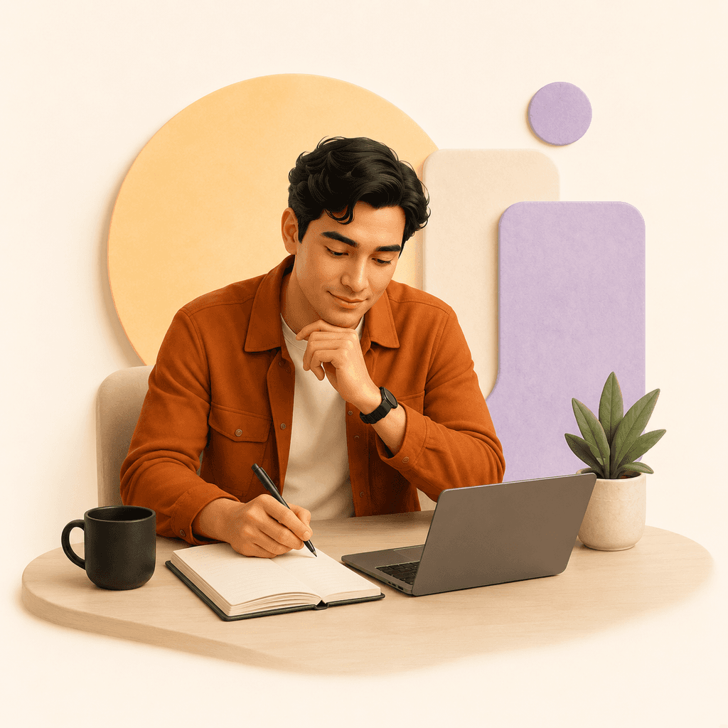 A person planning a career change in a notebook next to a laptop