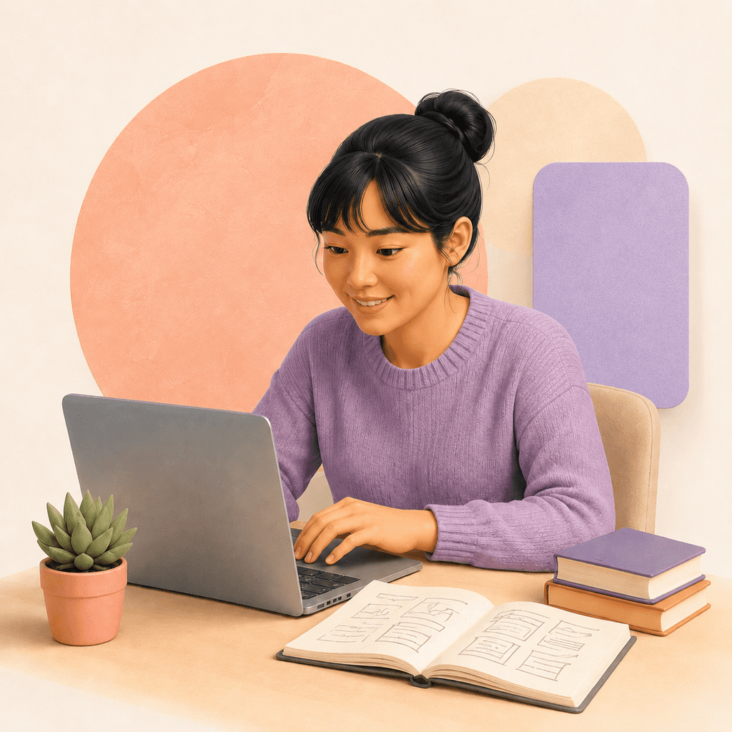 A recent graduate working at a laptop with an open textbook beside her