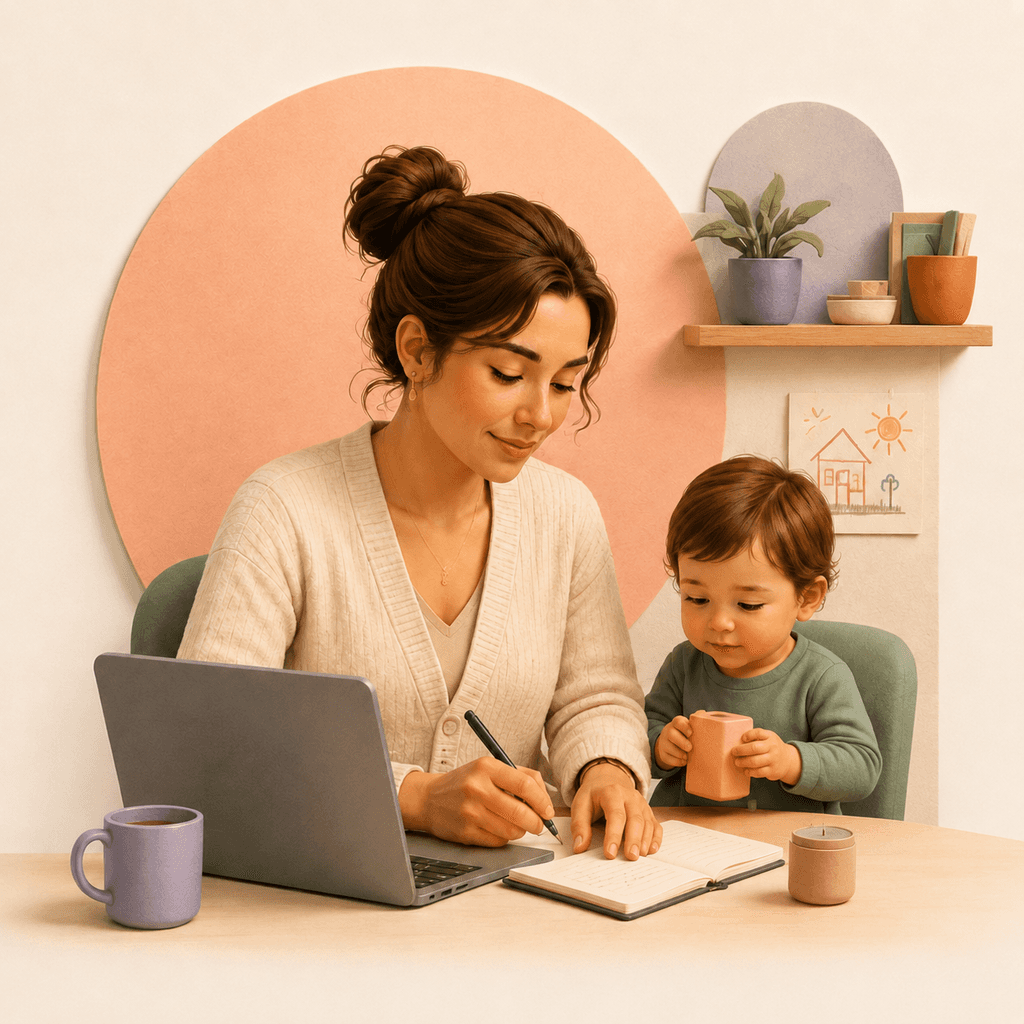 A parent writing at a laptop with a small child beside her