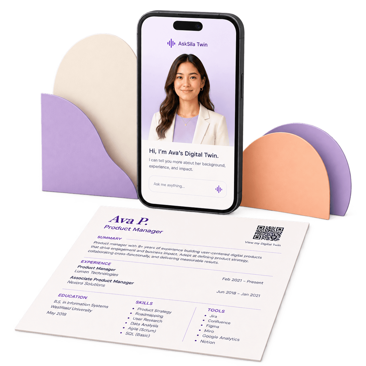 A printed résumé with a QR code to view a Digital Twin beside a phone showing Ava's Twin