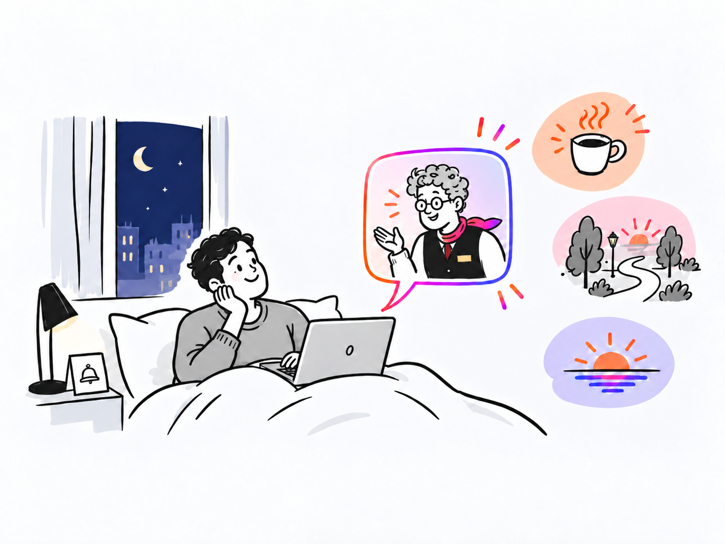 A guest video-calling the hotel concierge's twin from bed late at night, with suggestions for coffee, a sunrise walk, and a park path