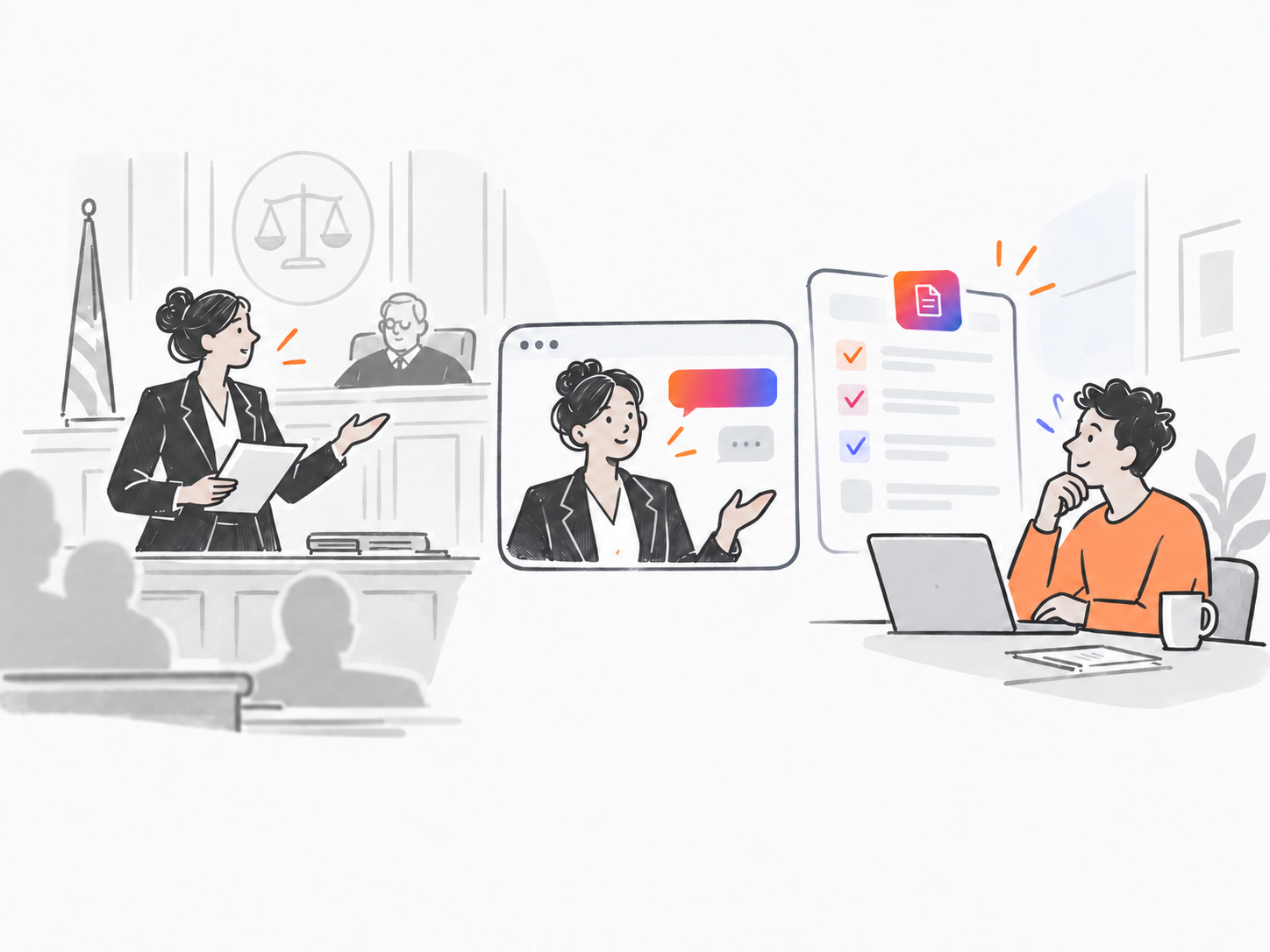 A lawyer in court, with her twin on a video call helping a client work through an intake checklist and document
