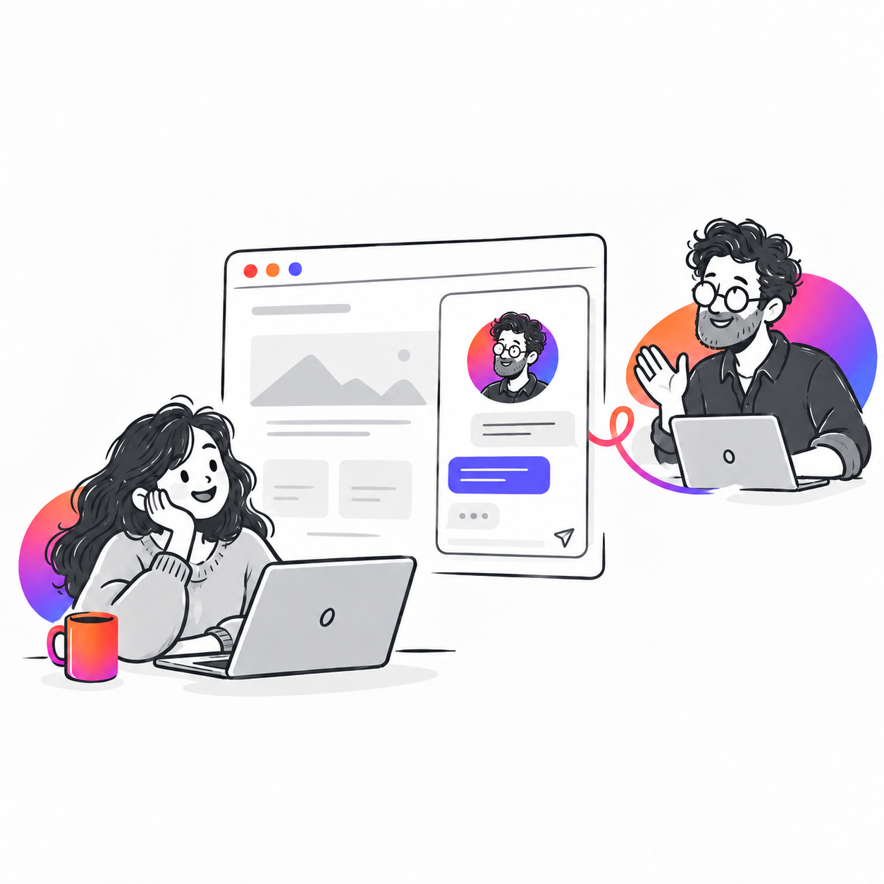 A website visitor chatting with a small profile widget while the founder waves back from his own laptop